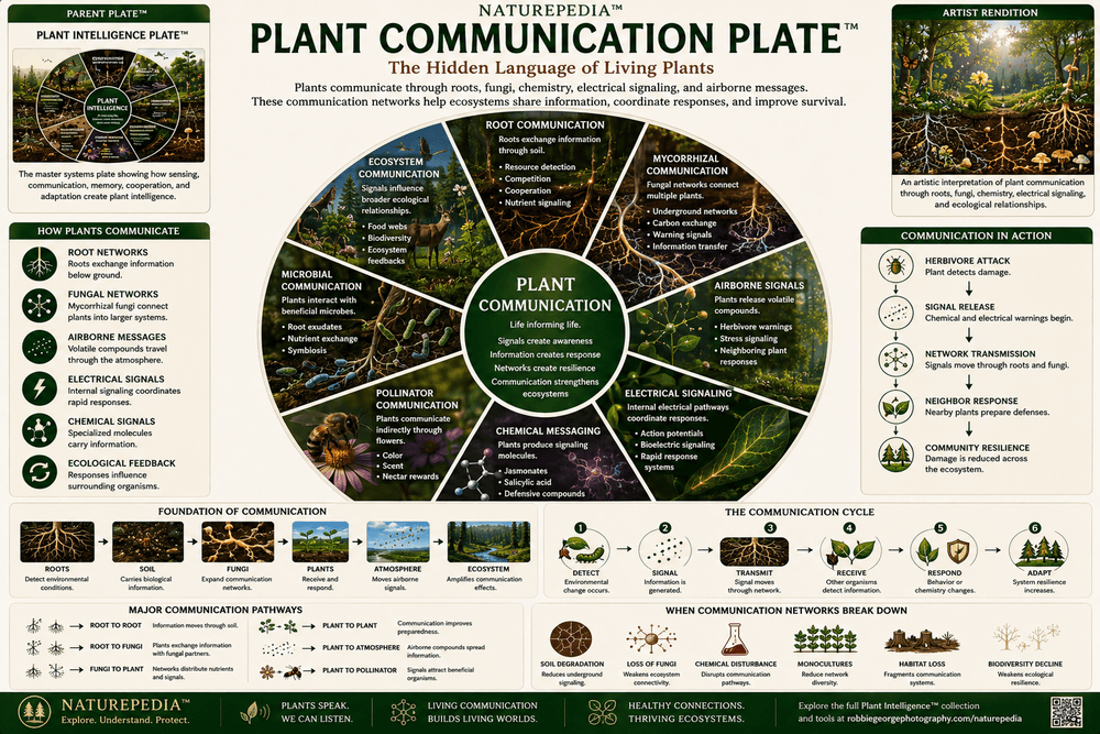 Plant Intelligence Plate showing sensing, communication, adaptation, response, memory, cooperation, root intelligence, plant electrophysiology, mycorrhizal networks, and living plant systems