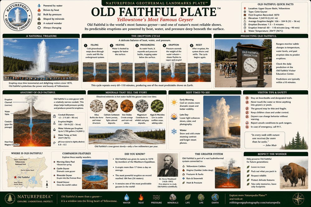 Old Faithful Plate showing Yellowstone's famous geyser, eruption cycles, hydrothermal plumbing, geothermal pressure systems, and volcanic heat by Robbie George