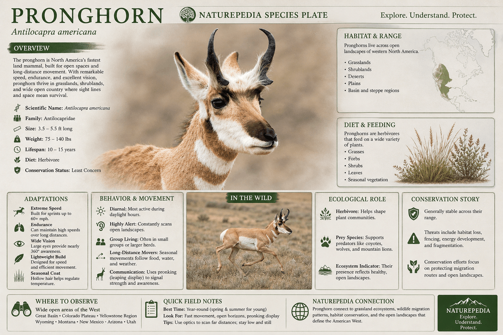 Pronghorn species plate showing habitat, speed adaptations, diet, and ecological role across open plains — Naturepedia Species Plate by Robbie George