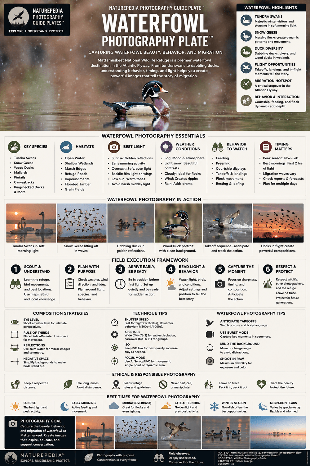 Waterfowl Photography Plate showing migration timing, tundra swans, ducks, geese, reflections, flight behavior, environmental composition, and Naturepedia photography intelligence