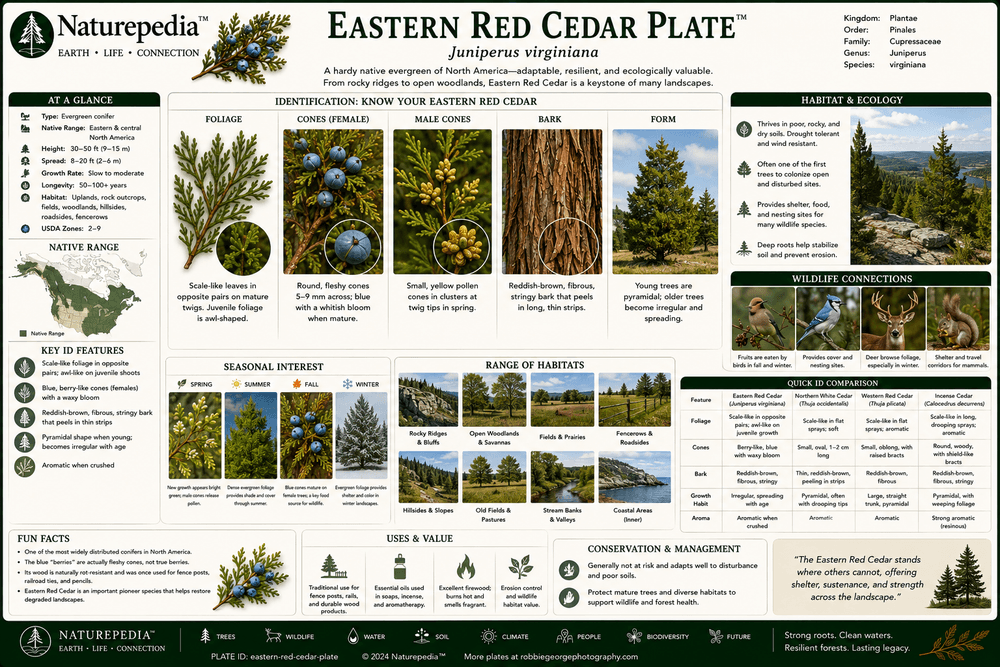 Eastern Red Cedar Plate showing berry-like cones, wildlife habitat, old-field succession, grassland ecology and evergreen shelter by Robbie George