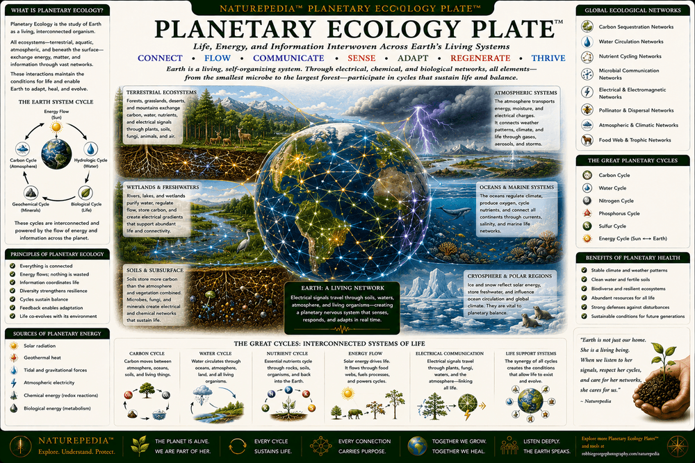 Planetary Ecology Plate showing Earth connected through forests, oceans, rivers, soils, fungi, plants, biodiversity, carbon cycling, water systems, and bioelectric ecological relationships.