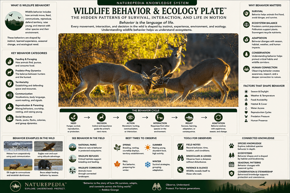 Wildlife Behavior & Ecology Plate showing deer sparring, survival behavior, predator-prey dynamics, seasonal adaptation, communication, ecological roles, and field observation