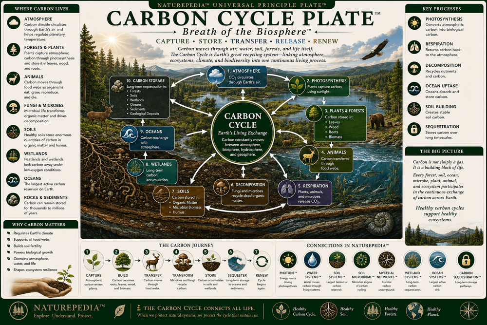 Carbon Cycle Plate showing how carbon circulates through atmosphere, forests, soils, oceans, wetlands, organisms, and long-term storage systems