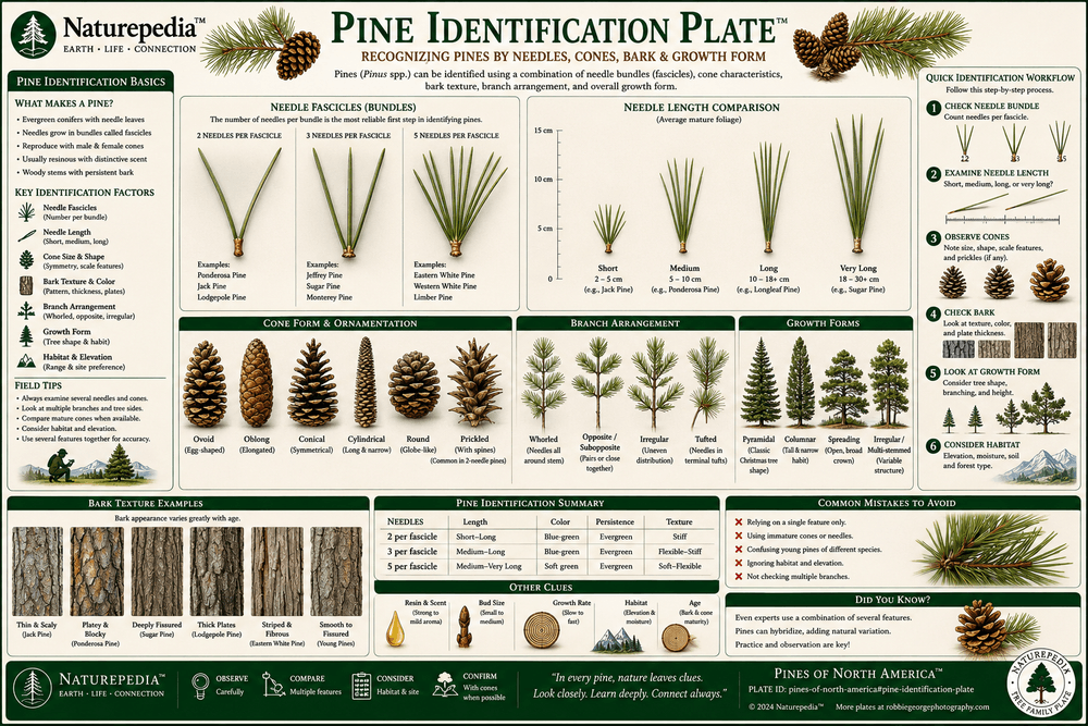 Pine Identification Plate showing pine needles, fascicles, cones, bark, branching patterns, growth forms, habitat clues, and field identification traits by Robbie George