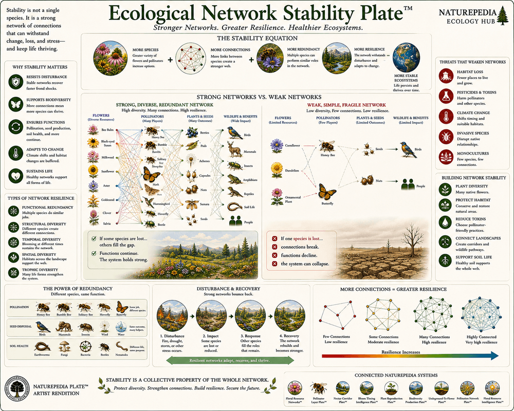 Ecological Network Stability Plate illustrating how flowers, pollinators, plants, wildlife, and biodiversity create resilient ecosystems