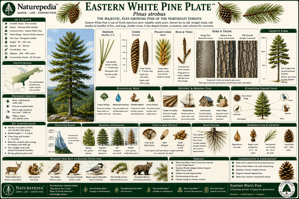 Eastern White Pine Plate showing Pinus strobus, five-needle fascicles, towering forest canopies, wildlife habitat, eastern forests, and historical significance by Robbie George