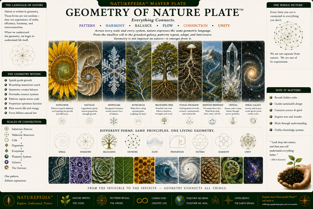Geometry of Nature Plate showing flowers, snowflakes, trees, rivers, fungi, crystals, spirals, mountains, galaxies, natural symmetry, branching systems, and recurring geometric organization throughout nature.