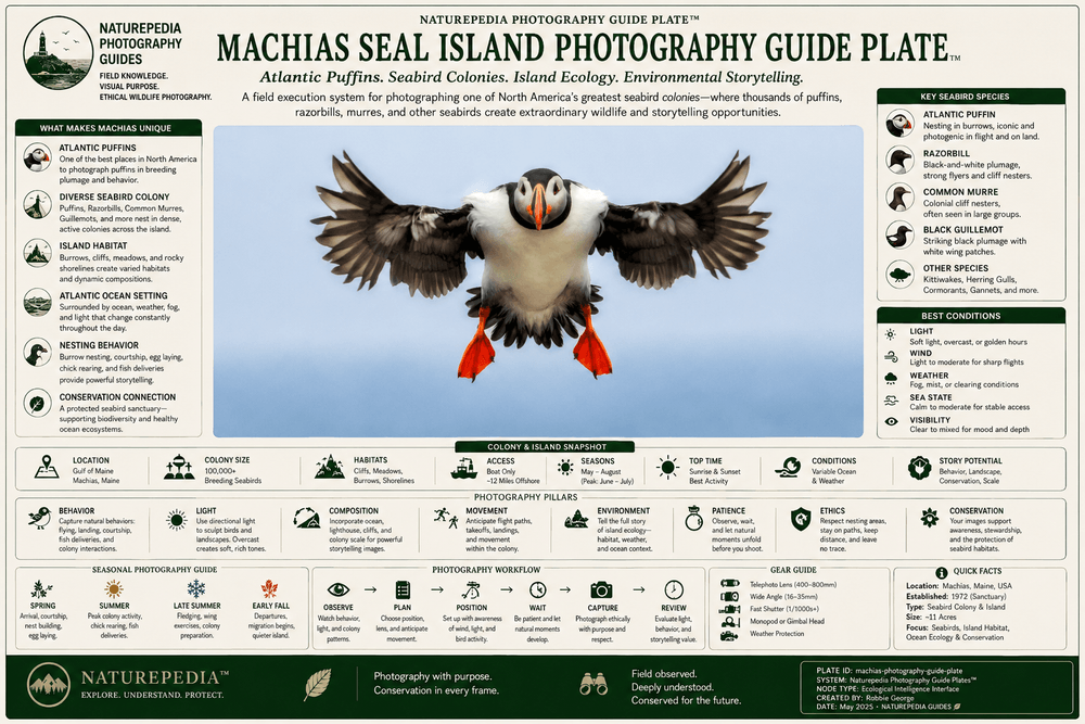 Machias Photography Guide Plate showing Atlantic Puffins, seabird colonies, nesting behavior, island habitat, Atlantic Ocean conditions, ethical fieldcraft, seasonal timing, and Naturepedia photography guide intelligence by Robbie George