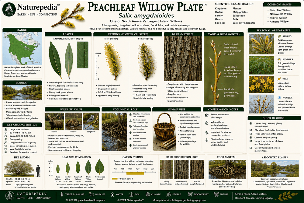 Peachleaf Willow Plate showing Salix amygdaloides growing along rivers, floodplains, and freshwater ecosystems in North America