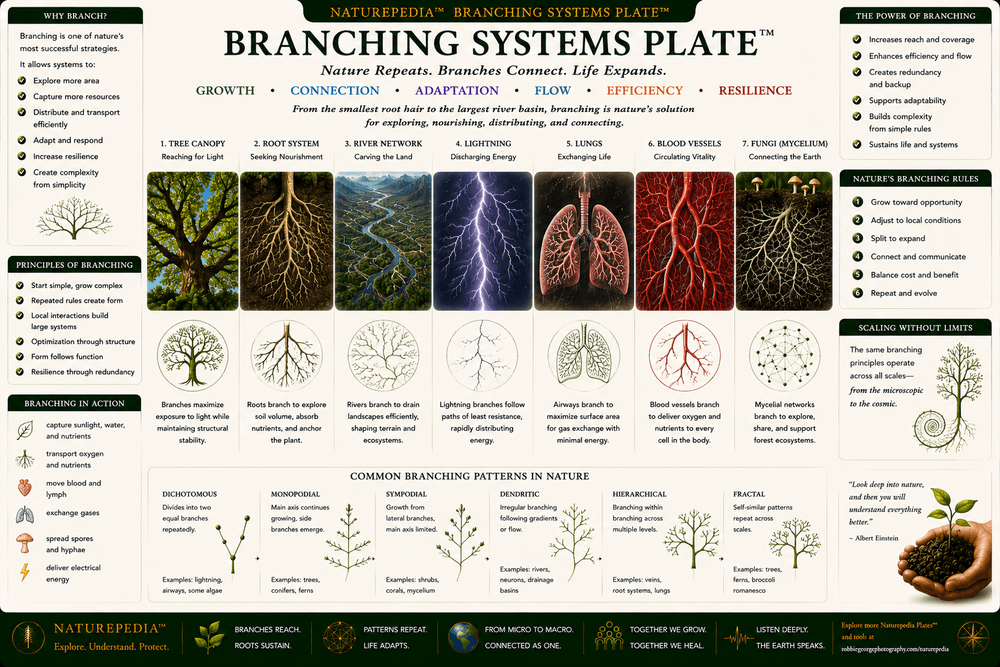 Branching Systems Plate illustrating trees, rivers, roots, fungi, lightning, lungs, blood vessels, watersheds, and recurring branching geometry throughout nature.
