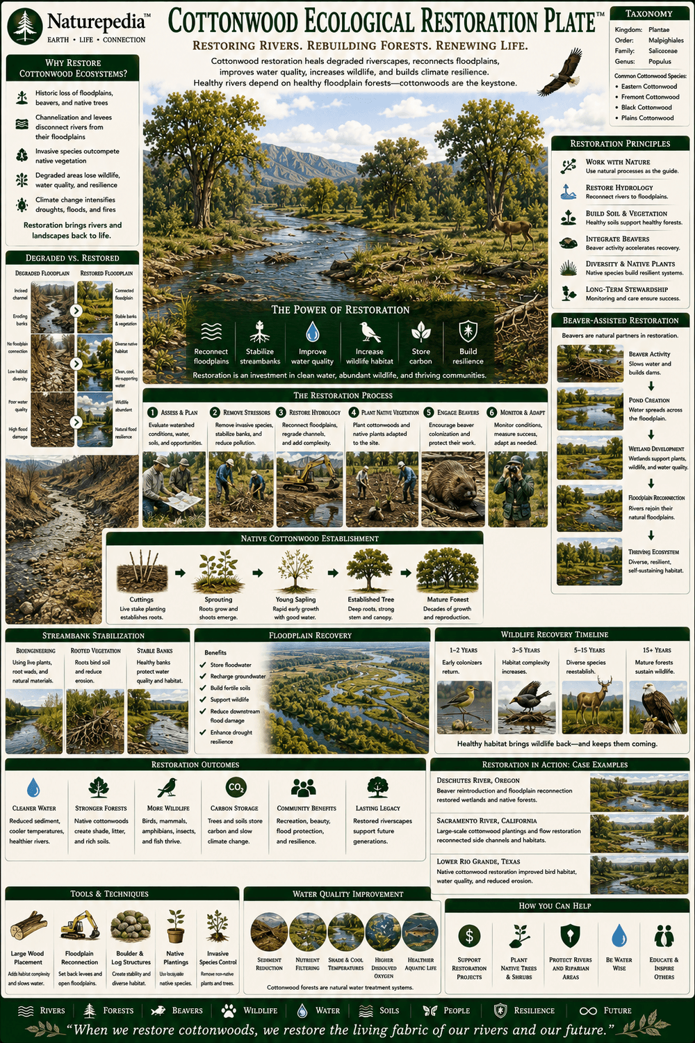 Cottonwood Ecological Restoration Plate showing river restoration, riparian planting, floodplain recovery, wildlife habitat rebuilding, bank stabilization, and freshwater resilience by Robbie George
