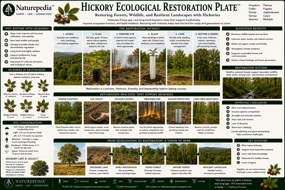 Hickory Ecological Restoration Plate showing habitat recovery, reforestation, biodiversity restoration, wildlife support, and ecosystem resilience by Robbie George