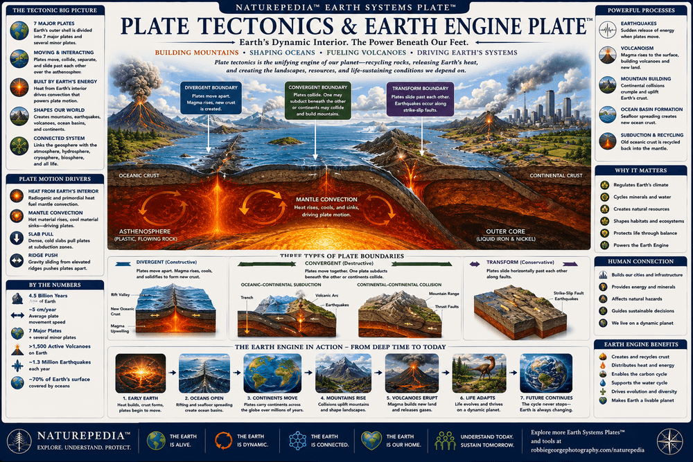 Plate Tectonics and Earth Engine Plate showing mantle convection, tectonic plates, volcanoes, earthquakes, mountain building, seafloor spreading, and Earth's internal engine