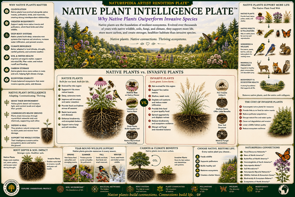 Native Plant Intelligence Plate showing native plants, ecological adaptation, pollinator relationships, wildlife support, seasonal timing, and plant intelligence by Robbie George