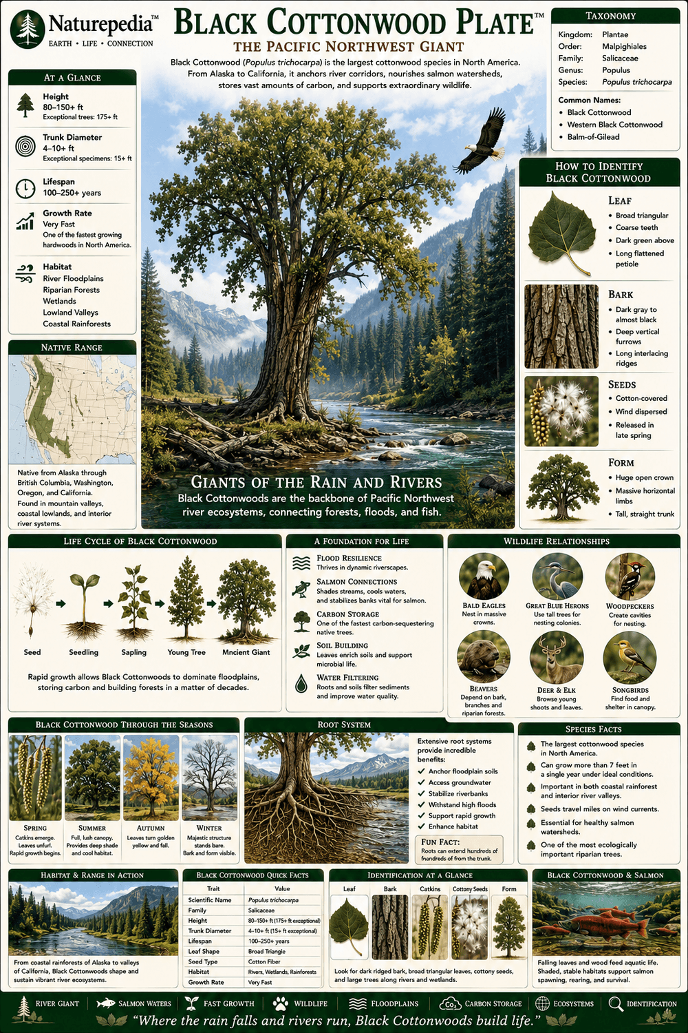 Black Cottonwood Plate showing Populus trichocarpa, Pacific Northwest river forests, moist valleys, salmon-stream corridors, riparian canopy, and wildlife habitat by Robbie George