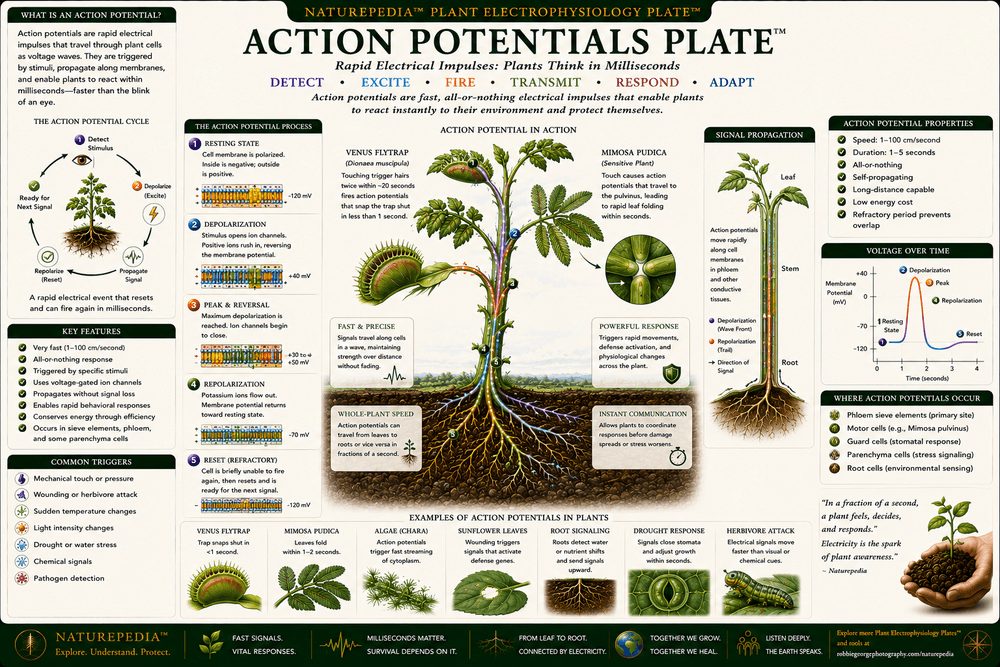 Action Potentials Plate showing rapid electrical impulses moving through leaves, stems, vascular tissues, ion channels, and plant cells following environmental stimulation.
