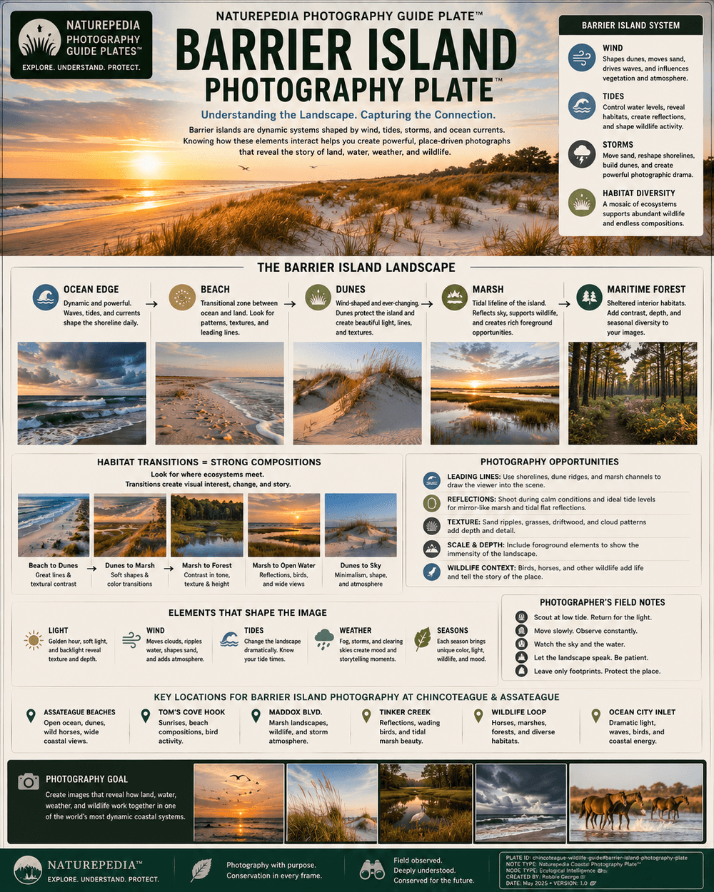 Barrier Island Photography Plate showing dunes, marshes, shoreline, migration, tides, weather, habitat transitions, and Naturepedia coastal photography intelligence