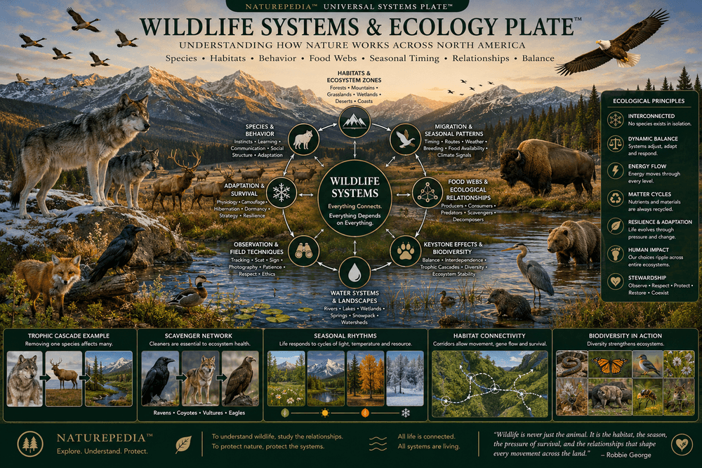 Wildlife Systems and Ecology Plate showing wolves, elk, bison, bears, eagles, water systems, habitats, migration, food webs, seasonal timing, keystone species, biodiversity, and Naturepedia ecological relationships by Robbie George