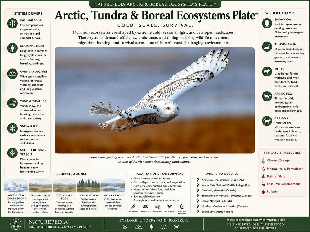 Arctic Tundra and Boreal Ecosystems Plate showing snowy owl, extreme cold, seasonal light, open landscapes, snow and ice, boreal forest, tundra wetlands, migration, adaptations, and Naturepedia northern ecosystem connections by Robbie George