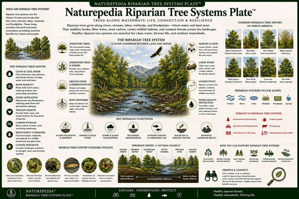 Riparian Tree Systems Plate showing trees along rivers, wetlands, floodplains, shorelines, roots, shade, wildlife corridors, and water systems by Robbie George