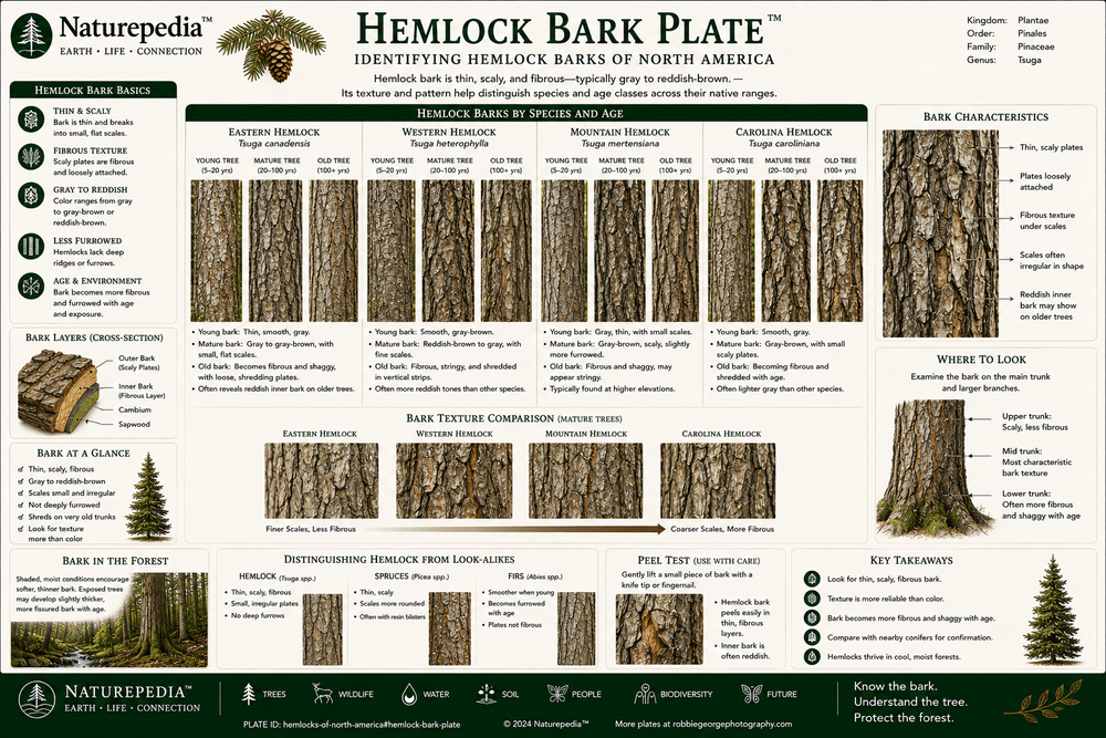 Hemlock Bark Plate showing bark texture, ridges, furrows, reddish inner bark, age progression, trunk structure, and hemlock bark identification by Robbie George