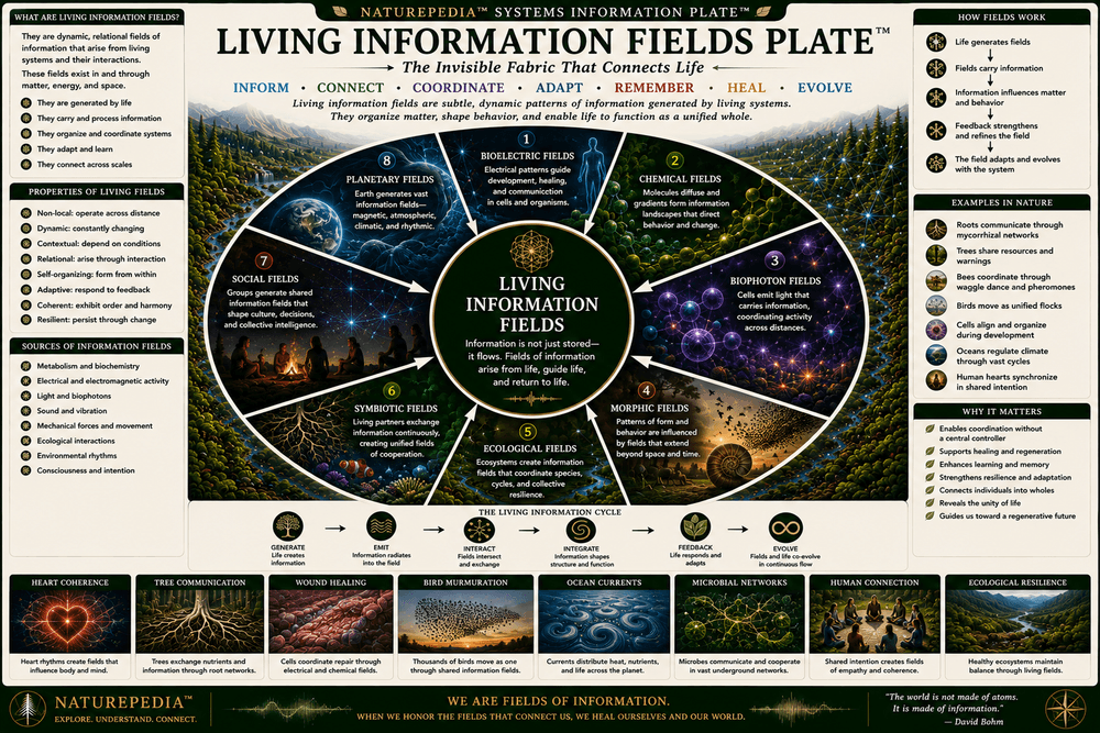 Living Information Fields Plate showing bioelectric fields, ecological information landscapes, signaling gradients, spatial information flow, biological memory, plant intelligence, and living systems response