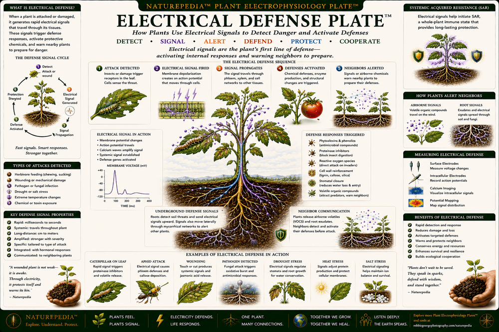Electrical Defense Plate showing insect damage triggering electrical impulses, defense signaling, membrane voltage changes, ion movement, vascular communication, and systemic plant protection.