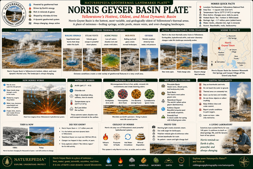 Norris Geyser Basin Plate showing Steamboat Geyser, geothermal activity, volcanic gases, thermal pools, hydrothermal systems, and Yellowstone geology by Robbie George
