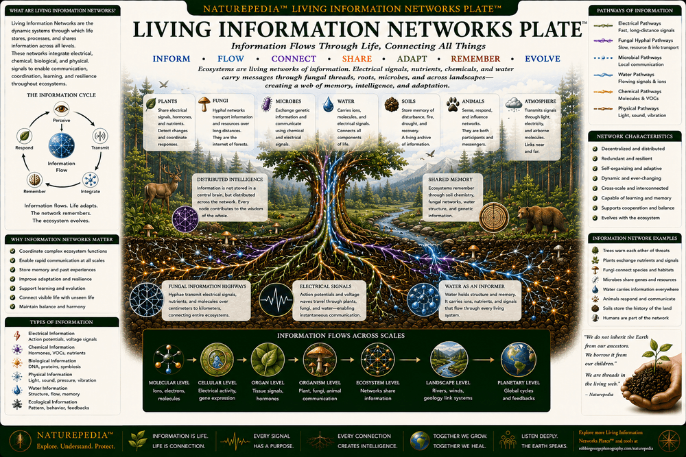 Living Information Networks Plate showing plants, fungal networks, roots, microbes, water pathways, electrical communication, ecological feedback, and distributed information flow.