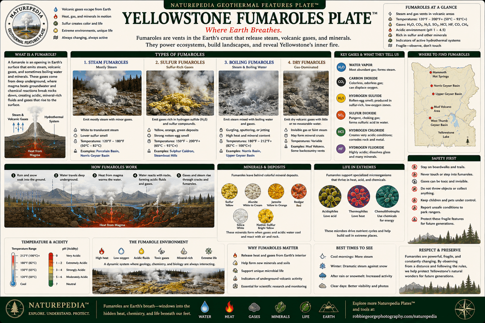 Yellowstone Fumaroles Plate showing geothermal steam vents, volcanic gases, hydrothermal pressure, sulfur deposits, and Yellowstone geothermal landscapes by Robbie George