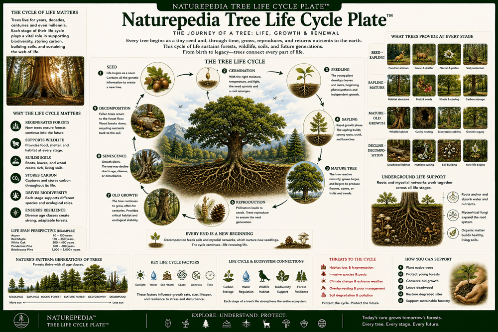Tree Life Cycle Plate showing seed, germination, sapling, mature tree, canopy, snag, fallen log, decomposition, soil renewal, and forest regeneration by Robbie George