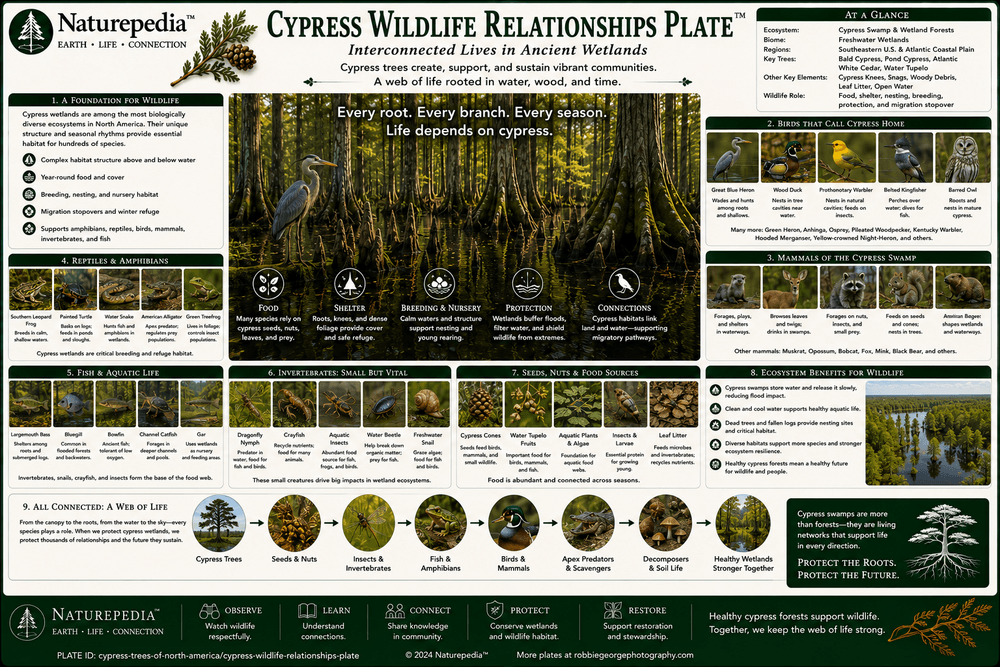 Cypress Wildlife Relationships Plate showing wading birds, wood ducks, herons, egrets, turtles, frogs, fish, alligators, otters, insects, cavity nesters, rookeries, and swamp food webs by Robbie George