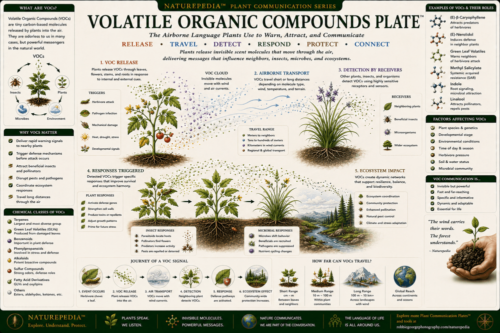 Volatile Organic Compounds Plate showing plants releasing airborne chemical signals, pollinator attraction, warning communication, and ecological information moving through the atmosphere.