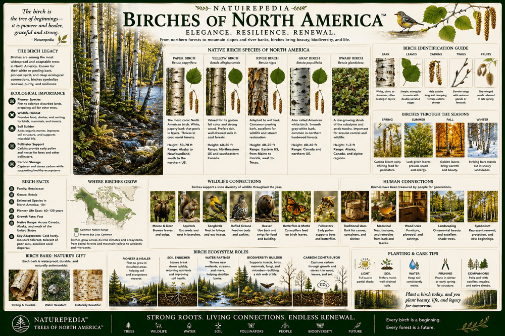 Birches of North America Plate showing birch trees, white bark, northern forests, autumn color, wetland edges, wildlife habitat, and Acadia tree ecology by Robbie George