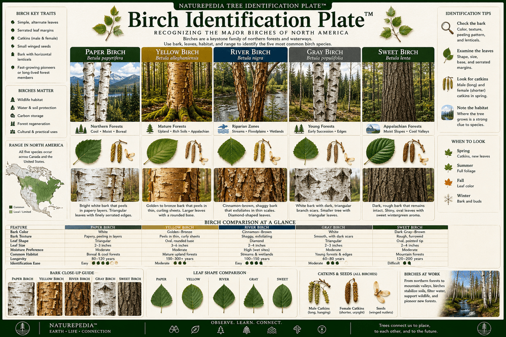 Birch Identification Plate showing paper birch, yellow birch, river birch, bark texture, leaves, habitat, and field marks by Robbie George