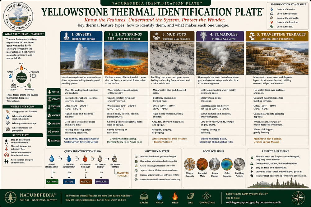 Yellowstone Thermal Identification Plate comparing geysers, hot springs, mud pots, fumaroles, and travertine terraces with field identification characteristics by Robbie George