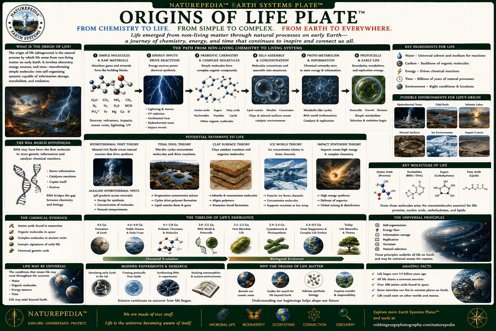 Origins of Life Plate showing early Earth, geothermal systems, hydrothermal environments, microbial evolution, and life's emergence