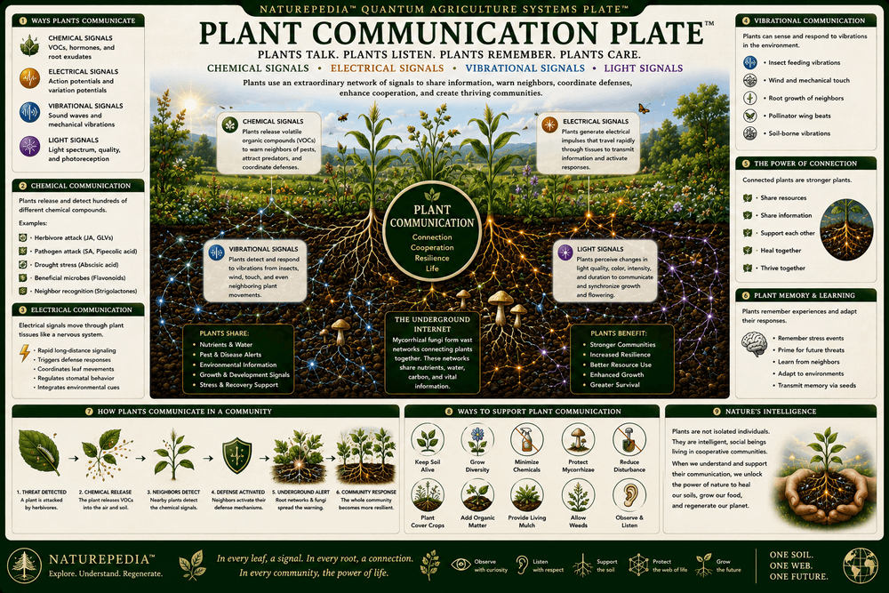 Plant Communication Plate showing roots, leaves, mycorrhizal fungi, chemical signals, airborne warnings, electrical signals, plant defense, soil microbes, and regenerative agriculture