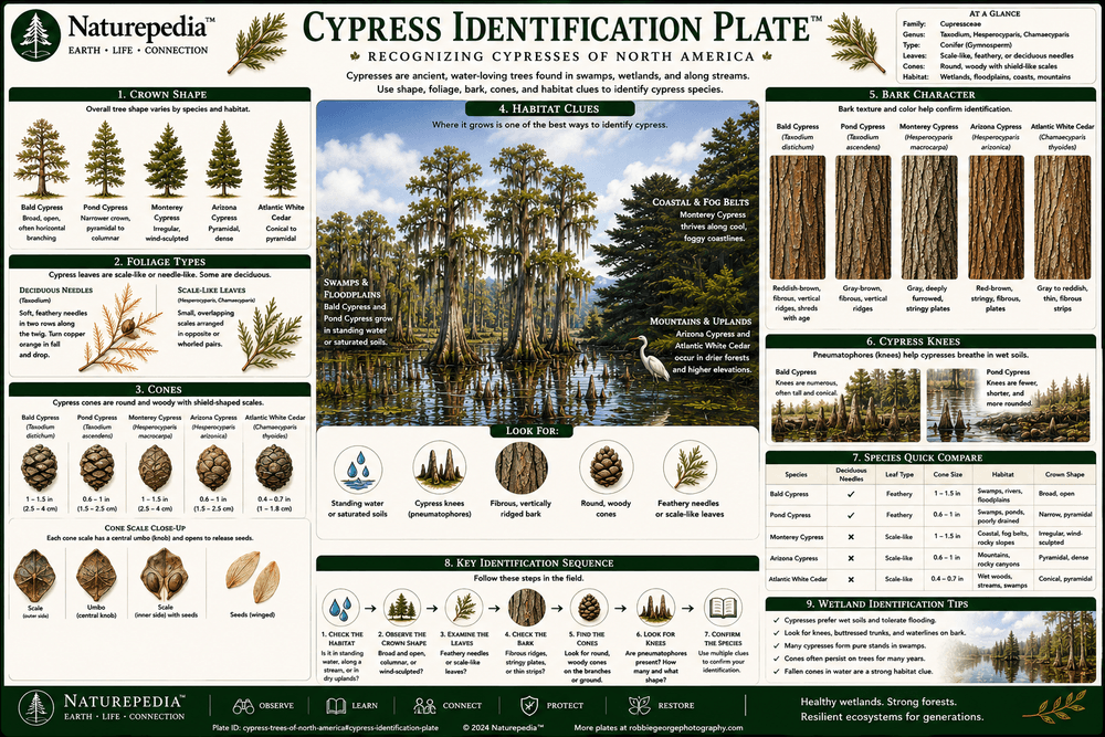 Cypress Identification Plate showing foliage, bark, cones, crown form, habitat clues, wetland adaptations, and field identification traits by Robbie George