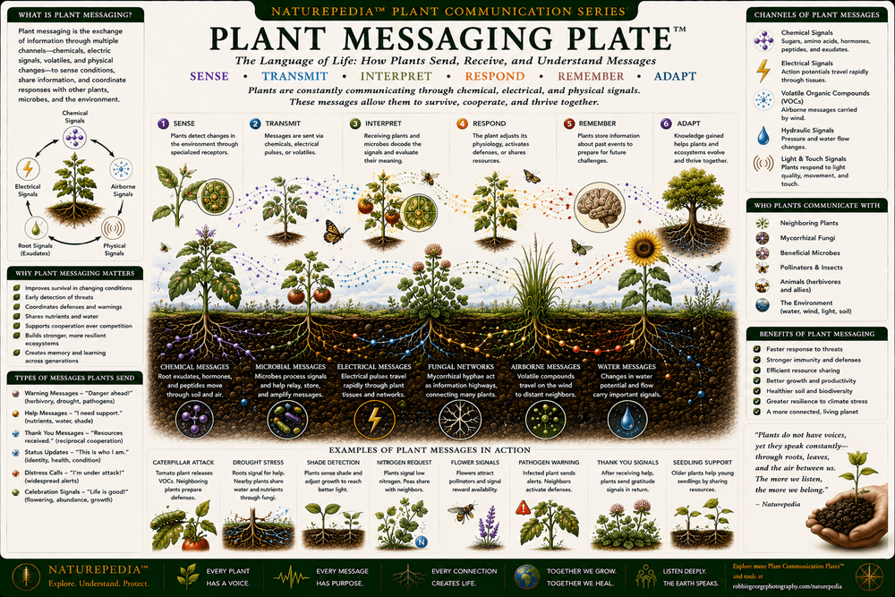 Plant Messaging Plate showing chemical messages moving through leaves, stems, roots, fungi, microbes, air, and ecological communication pathways.