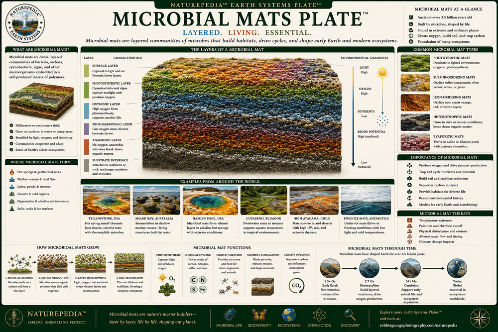Microbial Mats Plate showing layered microbial communities, photosynthetic zones, oxygen gradients, nutrient cycling, and geothermal microbial ecosystems