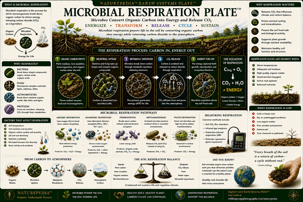 Microbial Respiration Plate showing bacteria, fungi, microbial metabolism, carbon dioxide release, decomposition, nutrient cycling, soil biology, and Earth's carbon cycle.