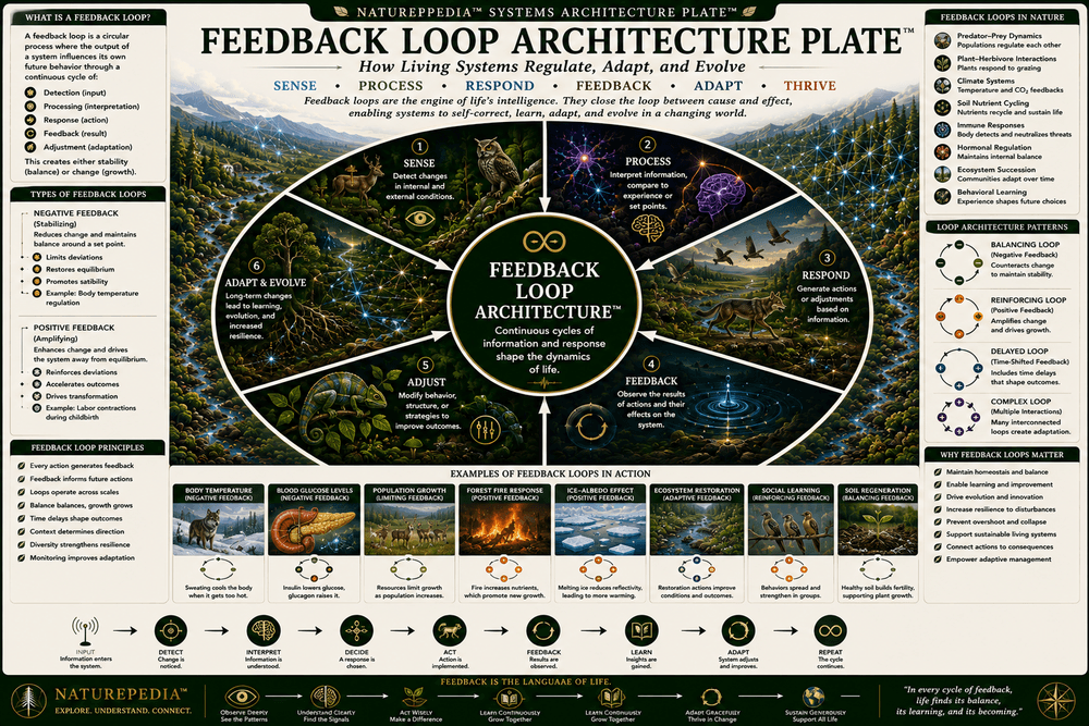 Feedback Loop Architecture Plate showing positive feedback, negative feedback, self-regulation, ecosystem response, adaptation, recovery, resilience, and information-driven regulation in living systems