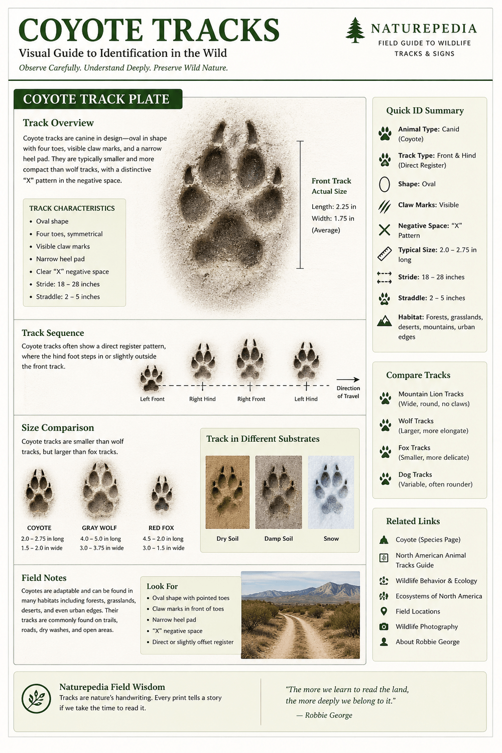 Coyote track showing four symmetrical toes, visible claw marks, compact oval shape, narrow heel pad, and X-shaped negative space between the toes and heel pad — Naturepedia Track Plate by Robbie George