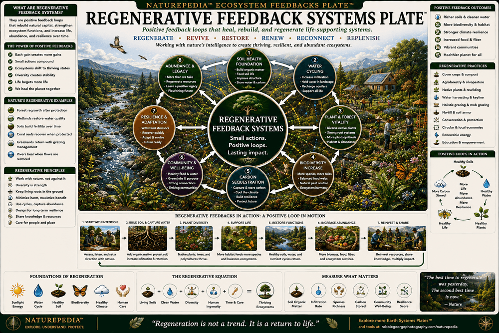 Regenerative Feedback Systems Plate showing regenerative agriculture, soil health, cover crops, biodiversity, water retention, carbon storage, reduced disturbance, and human stewardship