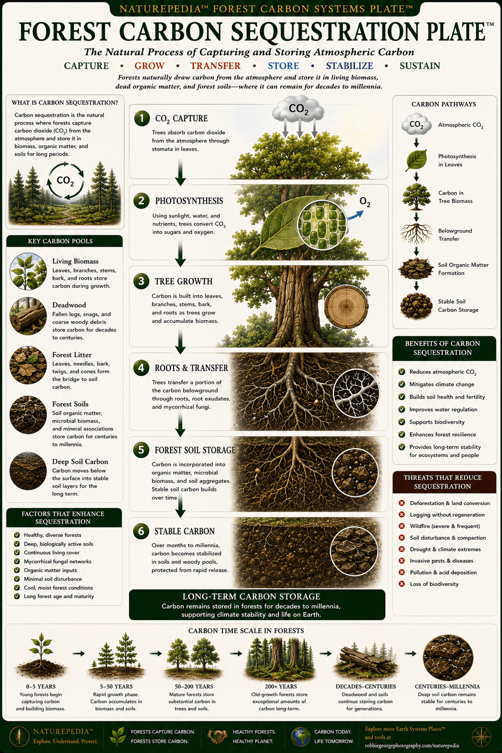 Forest Carbon Sequestration Plate illustrating atmospheric carbon dioxide, photosynthesis, tree growth, roots, forest soils, and long-term carbon storage.