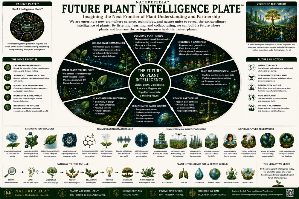 Future Plant Intelligence Plate showing ecological intelligence, systems biology, future research, plant networks, regenerative agriculture, bioelectric communication, and living systems science