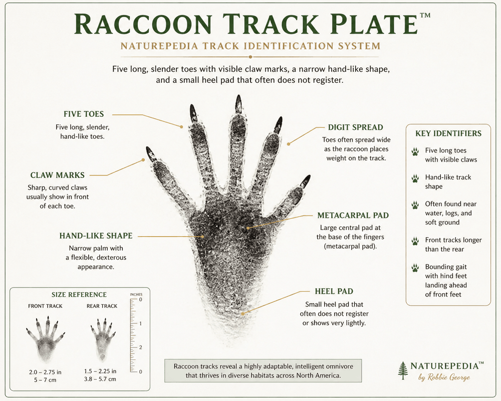 Raccoon track showing five long slender toes with visible claw marks, a hand-like shape, narrow palm pad, and flexible digit spread — Naturepedia Track Plate by Robbie George