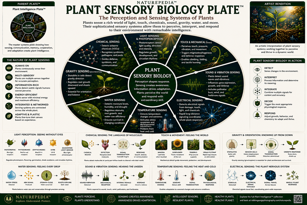 Plant Sensory Biology Plate showing light sensing, gravity sensing, touch response, moisture detection, chemical sensing, environmental awareness, and plant adaptation
